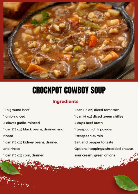 Recipes Time - ✨ Saddle up for flavor with our hearty... Slow Cooker Cowboy Soup, Cowboy Soup Crockpot Ground Beef, Easy Crockpot Cowboy Soup, Cowboy Soup Taste Of Home, Hearty Cowboy Crockpot Soup, Delicious Soup Recipes, Soup Recipes Slow Cooker, Hot Soup, Homemade Soup