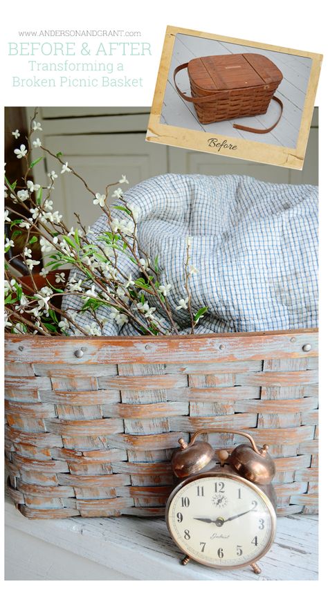 What can you do with a picnic basket that has a broken handle?  Why not transform it into a decorative storage basket by removing the lid an... Basket Ideas Decorative, Picnic Basket Decor, Picnic Diy, Painting Baskets, Basket Picnic, Basket Makeover, Thrift Store Diy, Painted Baskets, Old Baskets