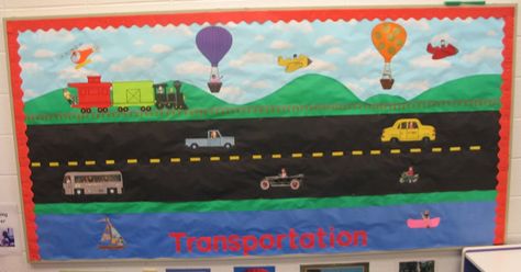 Our bulletin board for the transportation unit features the many different forms of transportation.  If you look closely, you will see that ... Preschool Bulletin Board, Transportation Preschool Activities, Transportation Theme Preschool, Transportation Unit, Welcome To Kindergarten, Transportation Activities, Reading Bulletin Boards, Transportation Crafts, Transportation Preschool