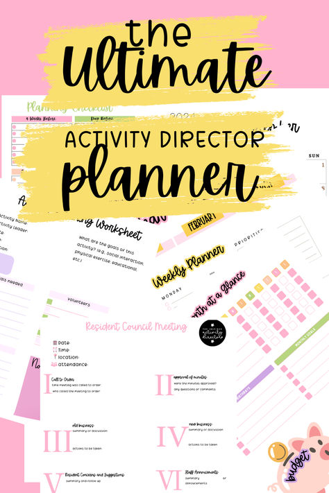 The perfect planner for activity directors. - Resident Council Outline - Month at a glance - Week at a glance - Daily planner - party planner and much more!! #activitydirector #activityassistant #seniorliving #printableplanner #activitydirectorplanner Day At A Glance, Senior Living Facilities, Month At A Glance, Senior Games, Week At A Glance, Activity Director, 2024 Planner, Ultimate Planner, Perfect Planner