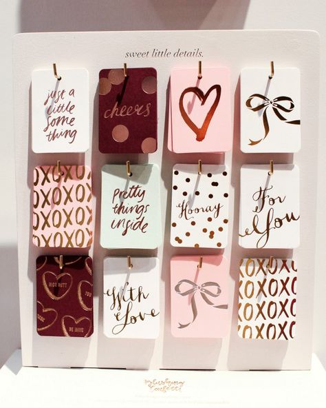 Gift Tag Display, Stationary Ideas, National Stationery Show, Craft Market Display, Foil Tags, Stationery Business, Valentines Illustration, Market Display, Small Business Packaging Ideas