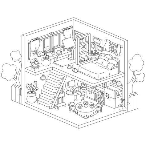 Isometric Room, Free Coloring Pages For Kids, Cat Tattoo Designs, Adult Coloring Designs, Detailed Coloring Pages, Outline Drawing, Easy Doodles Drawings, Marker Drawing, Cool Coloring Pages