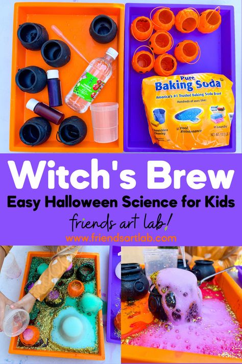 Your preschoolers will be convinced they are real witches brewing up a potion! Halloween Prek Party Ideas, Witches Brew Preschool, Halloween Potion Experiment, Halloween Potion Activity, Witches Brew Preschool Activity, Witch Craft For Preschool, Witches Potion Sensory Play, Witches Brew Science Experiment, Witches Brew Craft For Kids