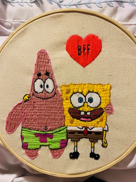 Sponge Bob Embroidery, Embroidery Cartoon Characters, Spongebob Embroidery, Clothes Embroidery Diy, Embroidery Hoop Wall Art, Basic Embroidery Stitches, Hand Embroidery Tutorial, Cartoon Embroidery, Hand Embroidery Projects