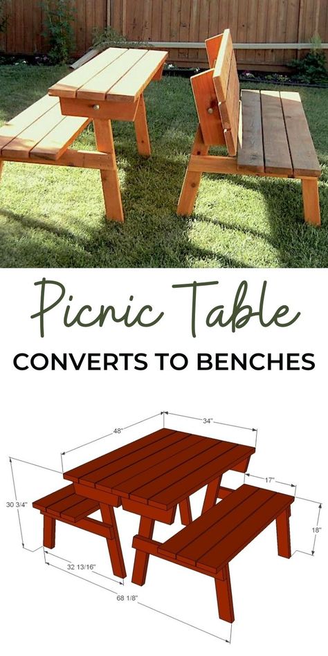 Outdoor Table Bench Diy, Bench Converts To Picnic Table, Picnic Table To Bench Plans, Convert A Bench Picnic Tables, Outside Picnic Table Ideas, Folding Bench Table, Bench To Picnic Table Diy, Convertible Picnic Table, Trex Deck Picnic Table