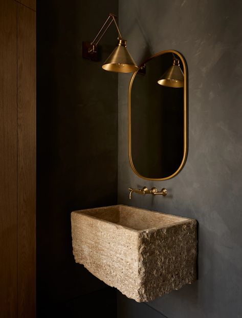 Ali Henrie, Dramatic Powder Room, Moody Powder Room, Lime Wash Paint, Gold Interior Design, Wallpaper Bold, Powder Room Sink, Bath Stuff, Small Toilet Room