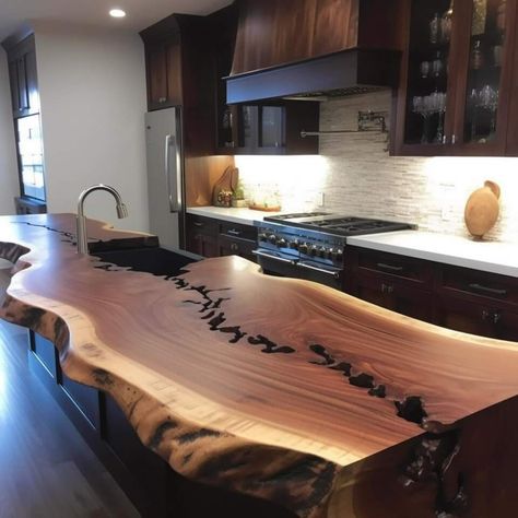 Modern Wood Countertops, Live Edge With Epoxy, Wood And Resin Countertops, Wood Waterfall Countertop, Epoxy Countertop Wood, Wood Epoxy Countertop, Live Edge Kitchen Countertops, Live Edge Countertop Kitchen, Resin Kitchen Countertops