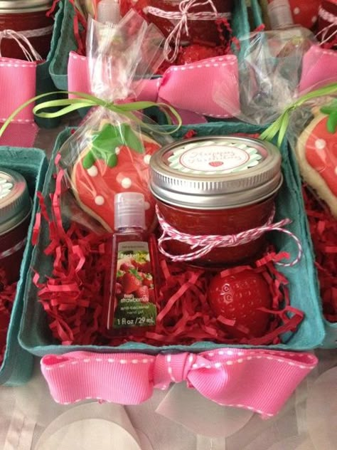 Strawberry Theme Gift Ideas, Strawberry Party Favor Ideas, Strawberry Jam Party Favor, Strawberry Birthday Favors, Strawberry Favors Ideas, Berry 1st Birthday Party Favors, Berry Party Favors, Strawberry Goodie Bags, Strawberry Theme Goodie Bags