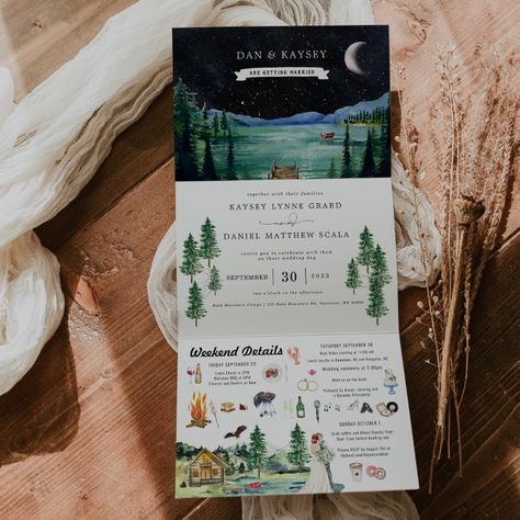 Lakeside Campground Resort | Illustrated Wedding  Tri-Fold Invitation | Zazzle Summer Camp Wedding Reception, Wedding Festival Invitation, Camp Wedding Invitations, Wedding Itinerary For Guests, Campsite Wedding, Wedding Weekend Itinerary, Itinerary Invitation, Campground Wedding, Summer Camp Wedding