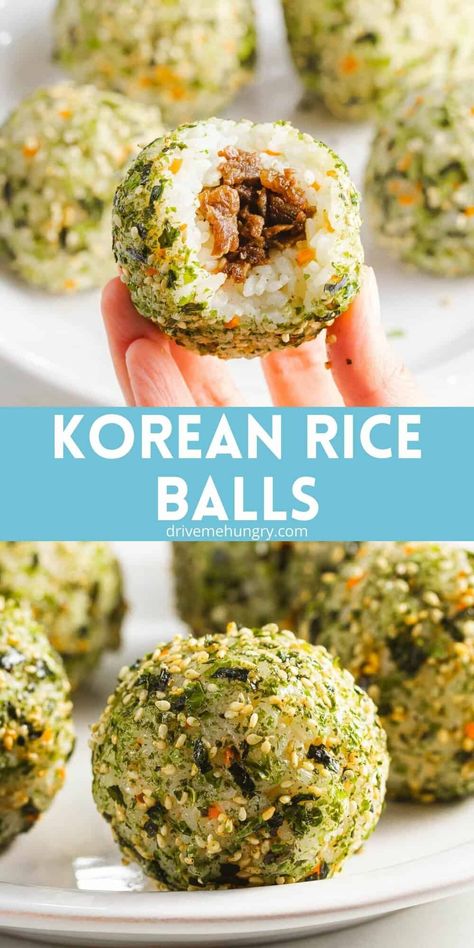 Korean rice balls (jumeokbap) are made with sticky short-grain rice that's rolled into balls & covered with seaweed. Add tuna or bulgogi filling for a quick and easy snack or meal! Korean Rice Balls, Koreansk Mad, Korean Rice, Korean Cooking, Korean Dishes, Quick Easy Snacks, Sushi Recipes, Bulgogi, Rice Balls