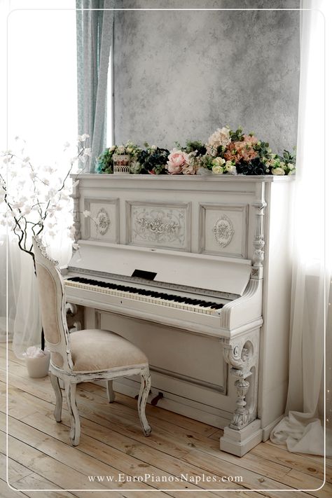 With selected decorative details, this white rococo upright with matching chair, provides a light, charming tableau without the heavy darks of pianofortes of the era.  Uprights meet all the requirements today for style and variations. Upright Piano Painted, Antique Piano Decor, White Instruments, Painted Pianos, Piano For Sale, Piano Decor, White Piano, Old Pianos, Best Piano