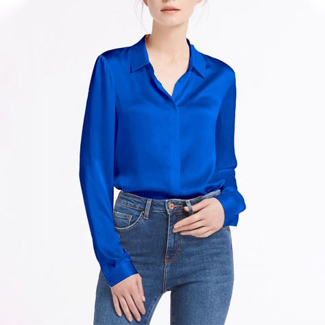 Royal Blue Silk Shirt Outfit, Royal Blue Shirt Women Outfit, Blue Silk Long Sleeve Top, Silk Blouses For Women, Blue Satin Shirt, Luxury Blue Silk Shirt, Womens Silk Shirts, Blue Silk Button-up Top, Strictly Business