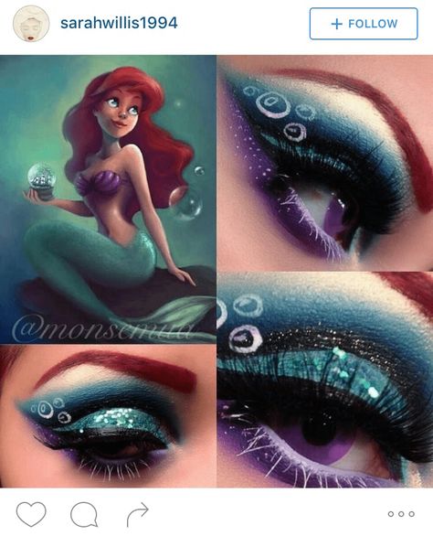 Extreme Make-up, Little Mermaid Makeup, Carnaval Make-up, Disney Eye Makeup, Ariel Makeup, Disney Inspired Makeup, Disney Eyes, Fantasy Make-up, Eyeliner Designs