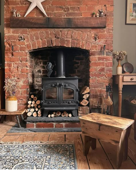 Fireplace Log Burner, Brick Fireplace Log Burner, Exposed Red Brick, Red Brick Fireplace, Stove Decor, Wood Stove Hearth, Wood Burner Fireplace, Wood Burning Stoves Living Room, Log Burner Living Room