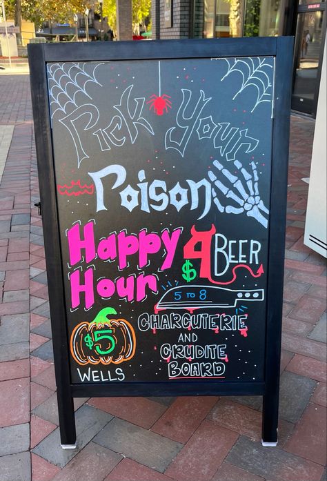 Chalkboard Ideas Restaurant, Bar Boards Chalkboards, Special Boards Restaurant Ideas, Halloween Bar Sign Ideas, Halloween Restaurant Ideas, Happy Hour Signs Chalkboard, Halloween Cafeteria Decorations, Halloween Bar Sign, Happy Hour Chalkboard Signs