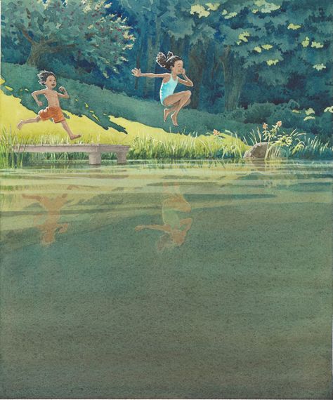 Lake Illustration Water, Poolside Illustration, Jumping Into Pool, Swim Illustration, Jump Into Water, Jumping Into Water, Children Book Illustration Watercolor, Pool Illustration, Jumping In The Pool