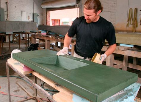 A Concrete Countertop and Sink in a Single Pour - Fine Homebuilding Diy Concrete Vanity Top With Sink, Diy Concrete Vanity, Green Concrete Countertops, Micro Cement Countertop, Concrete Sink Diy, Concrete Countertop, Diy Sink, Diy Concrete Sink, Poured Concrete Counters