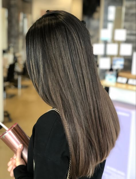 Mouse Brown Balayage, Straight Mushroom Brown Hair, Mouse Brown With Highlights, Mushroom Brown Highlights On Dark Hair, Mushroom Highlights, Mushroom Brown Highlights, Mushroom Balayage, Mushroom Brown Hair Color Balayage, Mushroom Brown Balayage