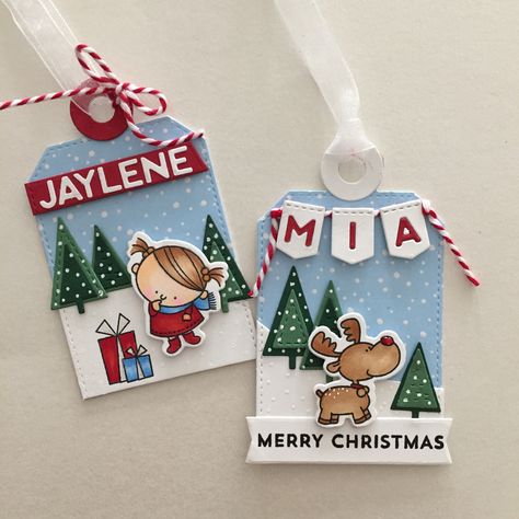 Christmas gift tags. All MFT Stamps: Jingle All the Way, Tiny Trees and Banner Alphabet stamps and dies. Tiny Trees, Christmas Gift Tags Handmade, Forest Christmas, Xmas Tags, Tiny Tags, Boxed Christmas Cards, Tag Ideas, Alphabet Stamps, Holiday Tags