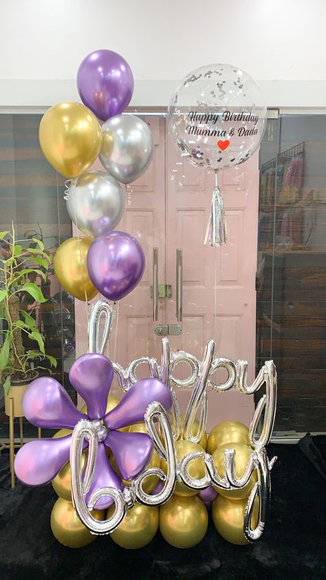 Metallic Purple/Gold/Silver Gold Balloon Bouquet, Happy Birthday Template, Event Logo, Happy Bday, Birthday Template, Gold Balloons, Balloon Bouquet, Purple Gold, Bouquets