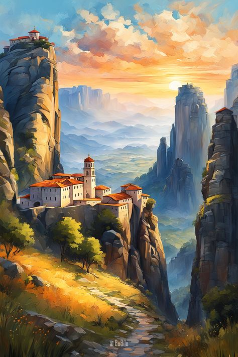 Mystical Monasteries: Digital Art Inspired by the Scenic Landscapes of Northern Greece Fantasy Monastery, Cityscape Art, Fantasy Castle, Scenic Landscape, Fantasy Artwork, Fantasy World, Digital Artwork, Cityscape, Greece