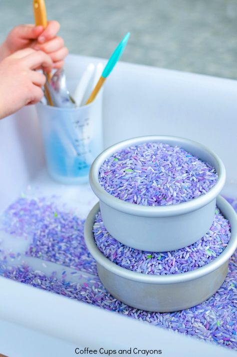 Lavender Rice Sensory Bin, Rice Sensory Bin, Sensory Play Recipes, Sensory Rice, Fine Motor Play, Sensory Activities For Kids, Lavender Cake, Sensory Games, Mom Crafts