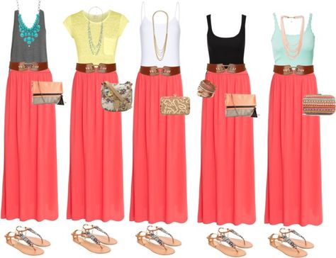 I made this for you, @Bethany Shoda Bocook! "Maximizing basic items" by emeralddawn on Polyvore Coral Maxi Skirts, Coral Skirt, Maxi Skirt Outfits, Tiered Maxi Skirt, Maxi Skirt Dress, Skirt Short, Maxi Styles, Beautiful Lady, Fashion Victim