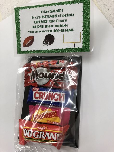 Gameday Treats For Football Players, Football Play Off Gifts, Snack Bags For Football Players, Football Candy Bags Ideas, Football Spirit Night Ideas, Football Birthday Party Treat Bags, 8th Grade Football Recognition Night, Locker Treats For Football, Football Buddies Gifts