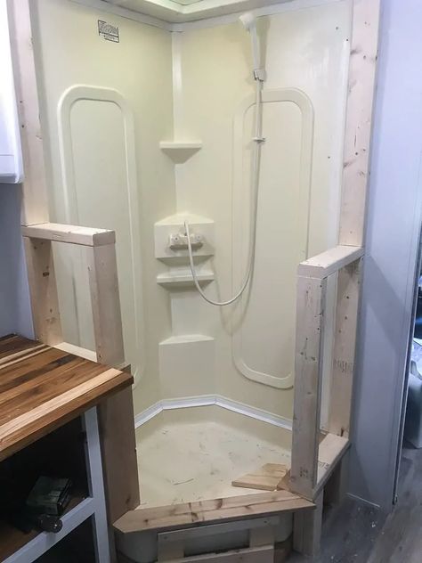 Complete DIY RV Shower Remodel for Under $300￼ Fifth Wheel Shower Remodel, Rv Corner Shower Ideas, Rv Shower Skylight Cover Diy, Rv Tub Remodel, Fifth Wheel Bathroom Remodel, Rv Bathroom Shower Remodel, Rv Shower Renovation, Rv Corner Shower Remodel, Remodel Camper Ideas