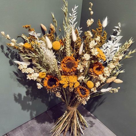 Autumnal dried bouquet with sunflowers, Delphinium, wheats and oats Sunflower And Wheat Bouquet, Dried Sunflower Bouquet, Bouquet With Sunflowers, Dried Sunflowers, Wedding Table Designs, Sunflower Bouquet, Dried Bouquet, Sunflower Bouquets, Moon Flower