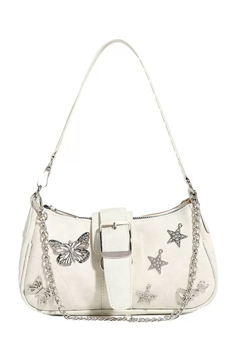 Y2K Star Butterfly White Handbag, cute baguette bag, 2000s aesthetic accessories, boogzel Handbags Aesthetic, Bag 2000s, Aesthetic Purse, Aesthetic Store, Bags Y2k, Accessories Y2k, Bag Png, Y2k Bags