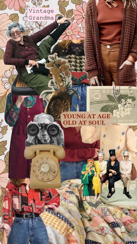 #vintage #grandmacore #grandmaaesthetic #grandma #moodboard #fashioninpso Grandma Vintage Style, Colorful Grandma Aesthetic, Grandmacore Wallpaper, Grandma Astetic, Eclectic Grandma Aesthetic, Cool Grandma Aesthetic, Vintage Grandma Aesthetic, Grandma Fashion Aesthetic, Granny Core Aesthetic