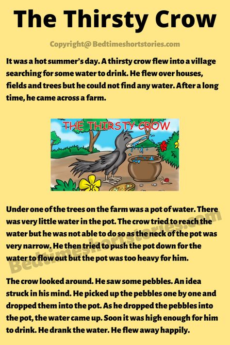 This is the Thirsty Crow Story for kids to read online. Read the full story in the link above. A Thirsty Crow Story, Thirsty Crow Story For Kids, Thirsty Crow Story Pictures, Story Writing For Kids, Stories For Kindergarten, Crow Story, Urdu Poems For Kids, Thirsty Crow, Small Stories For Kids