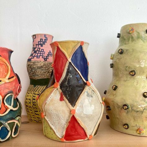 Ceramics 2 Projects, Maximalist Pottery, Kids Ceramics Projects, Ceramic Project Ideas, Pot Design Ideas, Bohemian Pottery, Hand Building Pottery Ideas, Vessel Pottery, Handbuilding Ceramics