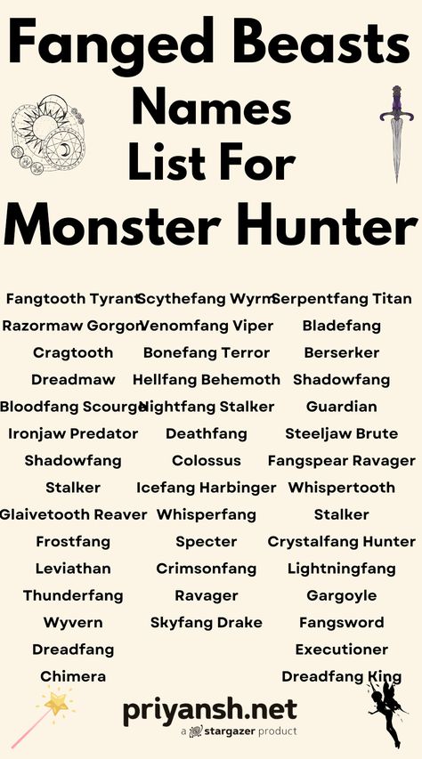 Level up your fantasy name game with these epic Fanged Beast names from Monster Hunter! 😈 Perfect for characters, pets, or just for fun! Get yours before everyone else! 🤫 Your Fantasy Name, Neutral Names, Hunter Name, Name Game, Fantasy Names, True Legend, Rise From The Ashes, Name Games, Name Generator