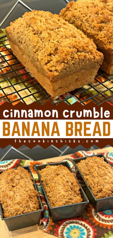 Looking for Mother's Day brunch ideas? Here's an easy Cinnamon Crumble Banana Bread! Moist and flavor-packed with a cinnamon crumble topping, it's the BEST banana bread recipe. Put this quick bread on your breakfast platter! Banana Bread Recipe Cinnamon Crumble, Banana Crumble Bread, Banana Crumb Bread, Cinnamon Crumble Banana Bread, Banana Bread Crumble Topping, Banana Bread With Cinnamon Crumble, Banana Bread Topping Ideas, Thanksgiving Banana Bread, Banana Bread With Crumble Topping