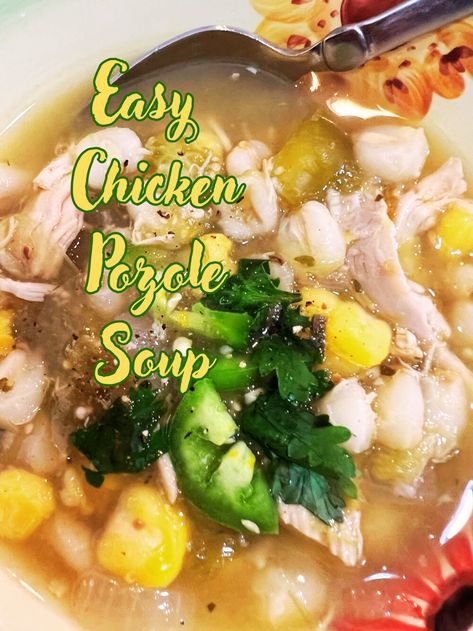 Easy Chicken Pozole Soup has all of the flavors of a salsa verde enchilada with tomatillas, chicken and hominy! Delicious! Pazole Soup Chicken Easy, Pazole Soup, Soup With Hominy, Pozole Soup, Hominy Soup, Menudo Recipe, Chicken Pozole, Mexican Soups, Posole Recipe