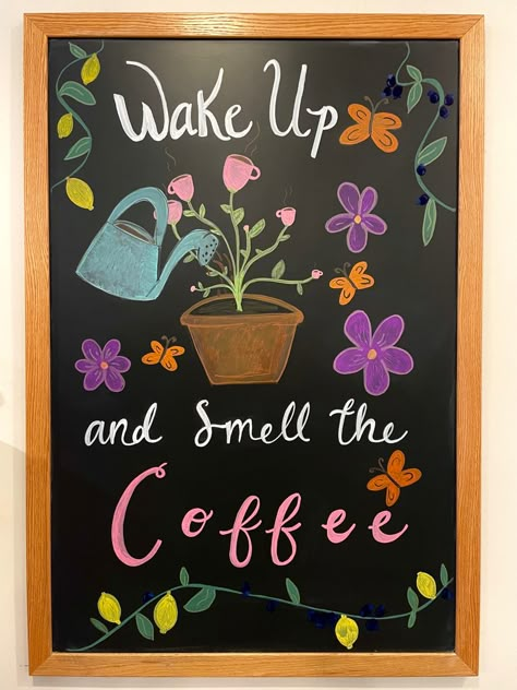 Coffee Chalkboard Ideas, Chalkboard Art Coffee, Spring Chalkboard Art Ideas, Coffee Shop Chalkboard, Coffee Chalkboard Art, Chalkboard Designs Spring, August Chalkboard Art Ideas, May Chalkboard Art, Cafe Chalkboard Art