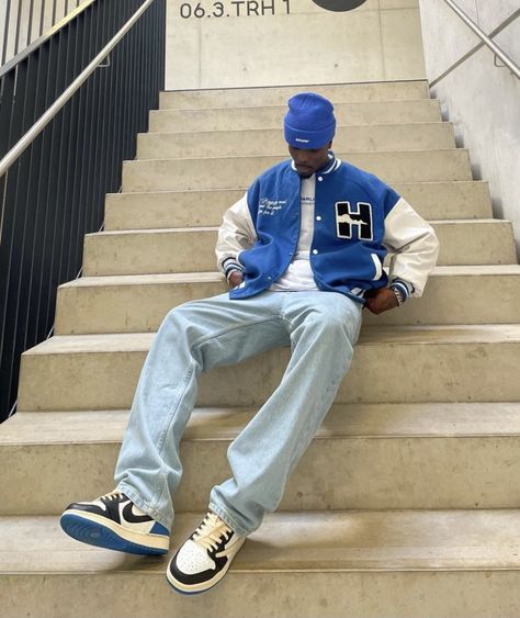 Blue Outfit Men Street Styles, Blue Fits Men, Jordan 1 Outfit Men Fashion, Blue Hoodie Outfit, Jordan 1 Outfit Men, Nice Casual Outfits For Men, Blue Outfit Men, Streetwear Outfit Men, Minimal Streetwear