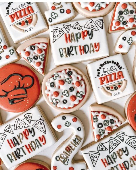 Pizza Sugar Cookies Decorated, Pizza Sugar Cookies, Pizza Birthday Cake, Sugar Cookie Pizza, Pizza Cookies, Birthday Pizza, Cookie Pizza, Bridal Shower Cookies, Donut Wall