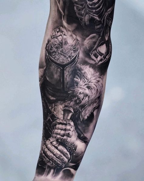 Brother And Sister Tattoo Ideas, Warrior Tattoo Sleeve, Sister Tattoo Ideas, Gothic Tattoos, Gladiator Tattoo, See Tattoo, Animal Sleeve Tattoo, Spartan Tattoo, Lion Tattoo Sleeves