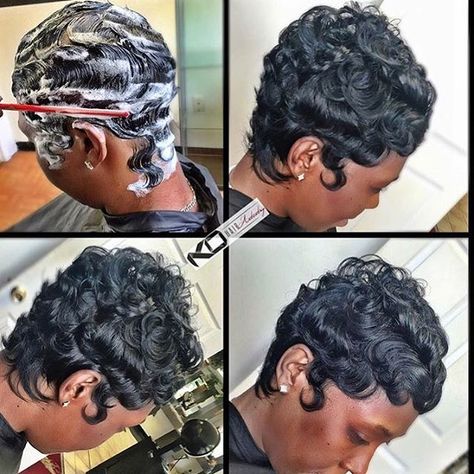 STYLIST FEATURE| Flawless #waves  and #curls ➰on this #pixie ✂️ styled by… Finger Waves Short Hair, Hype Hair, Black Hair Short Cuts, Protective Hair, Short Sassy Hair, Pelo Afro, Pin Curls, Sassy Hair, Hair Crush