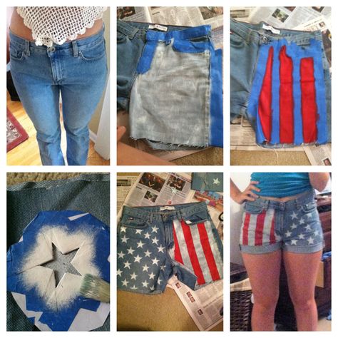 Jeans to American flag shorts!  I used 1.41 in blue tape for the stripes Martha Stewart Craft Multisurface satin paint - wedding cake (white) and tartan red And a star pattern printed from offline. I used painters tape to make sure the star pattern was sturdy enough to be painted Tip: if you're going to cuff them, make the shorts a lot longer than you think you would want them to be.  Overall it was a really easy project and the shorts came out great! Paint Wedding, Wedding Cake White, Country Jam, Jeans Crafts, Diy Clothes Accessories, American Day, American Flag Shorts, Cake White, Blue Jeans Crafts