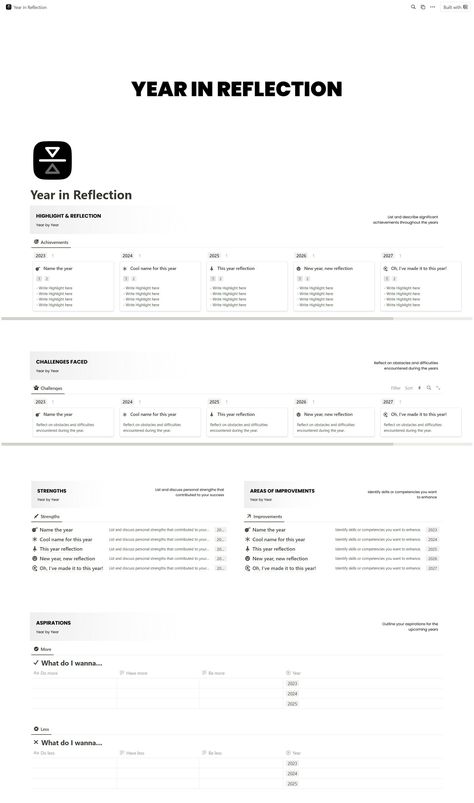 Free Notion Year in Reflection (Yearly Review) Reflection Template, Notion Templates For Students, Free Notion Templates, Study Planner Free, Yearly Review, Notion Ideas, Interactive Dashboard, Life Planner Organization, Etsy Planner