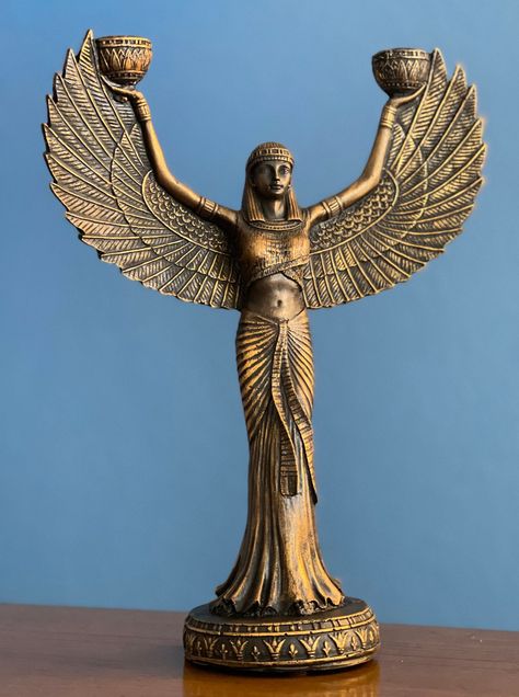 Ancient Home Decor, Egyptian Decor, Ancient Egyptian Statues, Egyptian Home Decor, Ancient Egyptian Goddess, Goddess Decor, Golden Goddess, Large Candle Holders, Goddess Statue