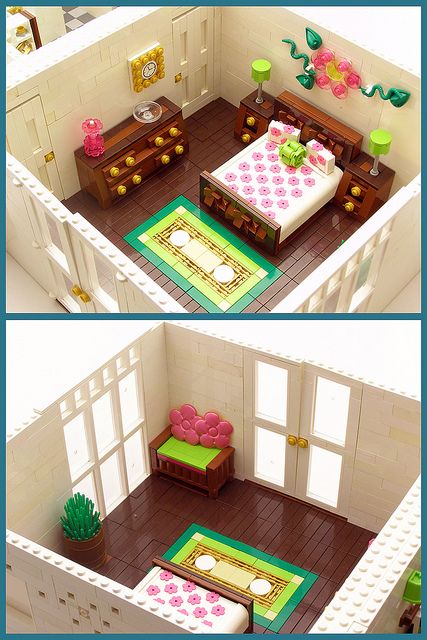 I love to build detailed rooms while my kids play w/ their legos, this is inspiration for me; and my daughter would love this also! Lego House Ideas, Lego Bedroom, Lego Furniture, Lego Girls, Lego Boards, Lego Lovers, Lego Activities, Lego Modular, Lego Craft