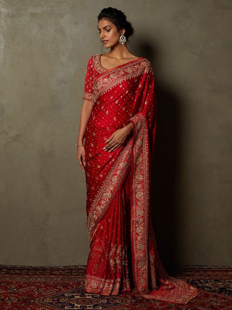 Ritu Kumar Red Jaya Floral Zardozi Embroidered Saree With Unstitched Blouse USD 6,431 Red Saree Wedding, Red Sari, Saree Women, Indian Wedding Gowns, Bridal Sari, Red Bridal Dress, Indian Sari Dress, Ritu Kumar, Fancy Sarees Party Wear