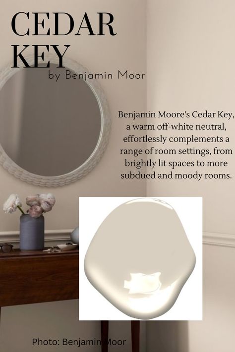 Benjamin Moore's Cedar Key, a warm off-white neutral, effortlessly complements a range of room settings, from brightly lit spaces to more subdued and moody rooms. Its versatile appeal allows it to seamlessly blend into different lighting conditions, adding a touch of elegance and sophistication. Whether your space is filled with natural light or has a cozy ambiance, Cedar Key will create a beautiful backdrop for your decor. Benjamin Moore Cedar Key Living Rooms, Cedar Key Benjamin Moore Living Rooms, Moody White Paint Colors, Warm Neutral Paint Colors Benjamin Moore, Neutral Moody Bedroom, Bm Cedar Key, Cedar Key Benjamin Moore, Benjamin Moore Warm Neutrals, Benjamin Moore Natural Linen