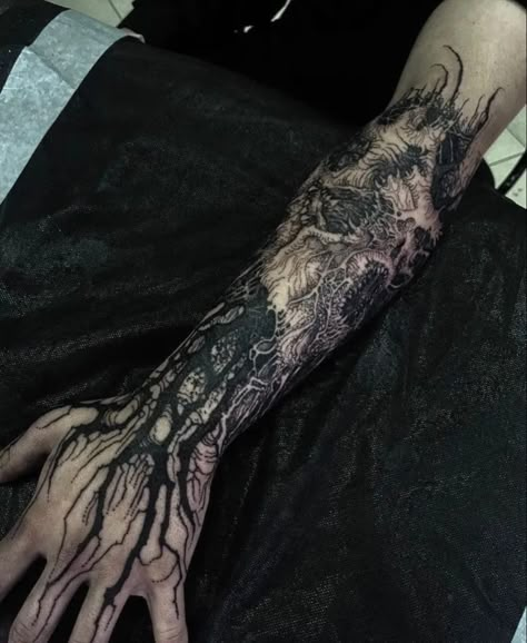 Gothic Tattoo Sleeve Men, Sleeve Tattoos Gothic, Goth Arm Sleeve Tattoo, Gothic Forearm Tattoos Men, Womans Back Tattoos, Gothic Tattoo Ideas For Men, Dark Theme Tattoos, Black Work Sleeve Tattoo, Gothic Hand Tattoo