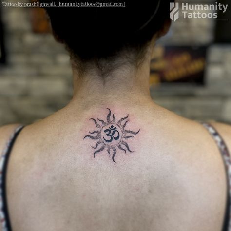 Om tattoo. Sun tattoo. Om Tattoo For Back Neck, Om Tattoo On Back Neck, Om Neck Tattoos Women, Om Back Tattoo Women, Om Sun Tattoo, Low Neck Tattoo, Om Tattoos For Women, Om Tattoo Back, Om Tattoo Design Women Neck